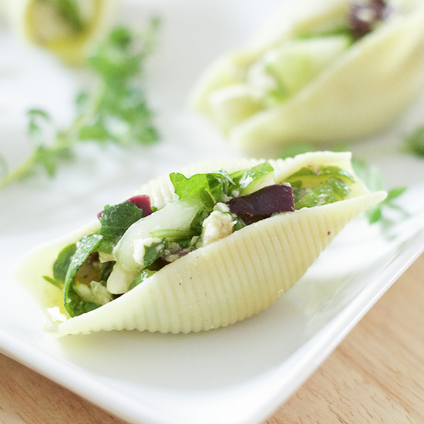 pasta shells filled with Mediterranean salad